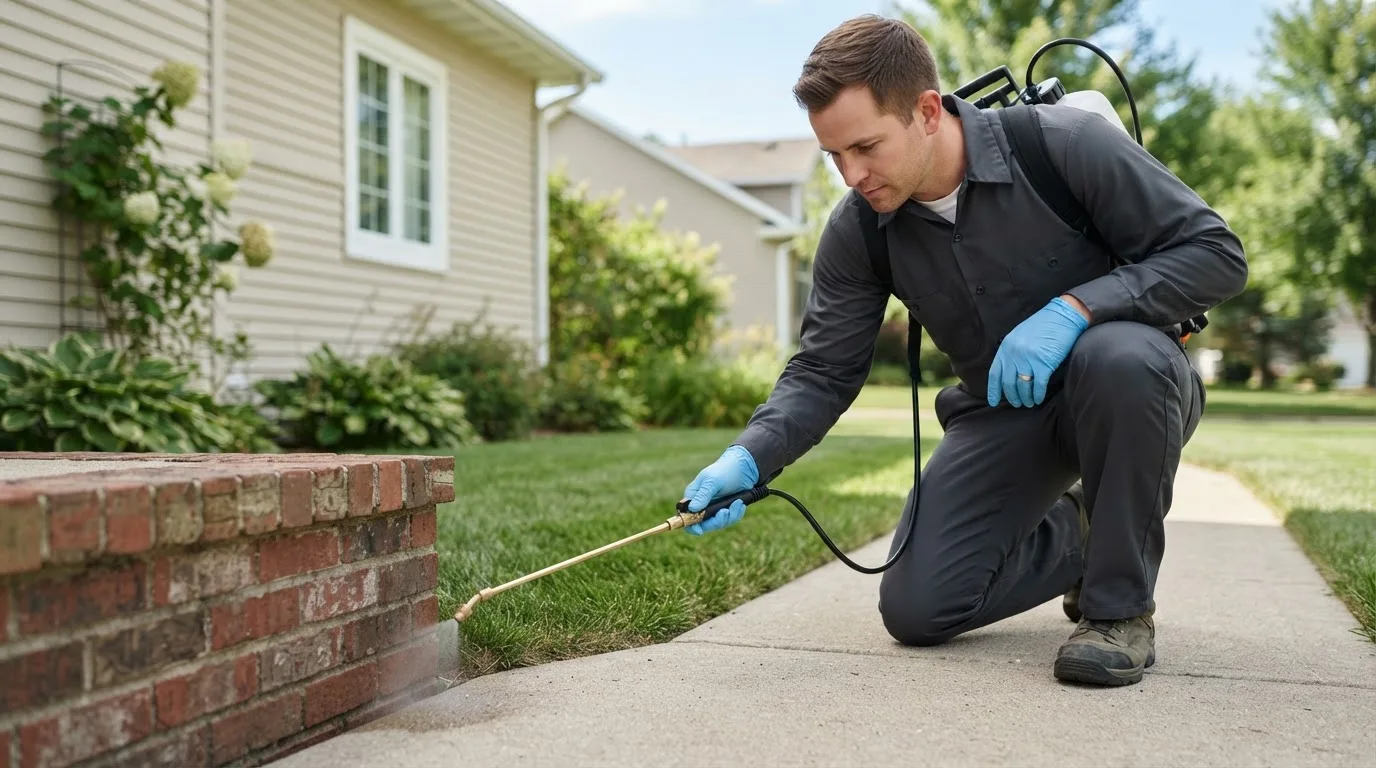Pest control technician treating a home near Clear Creek, WV