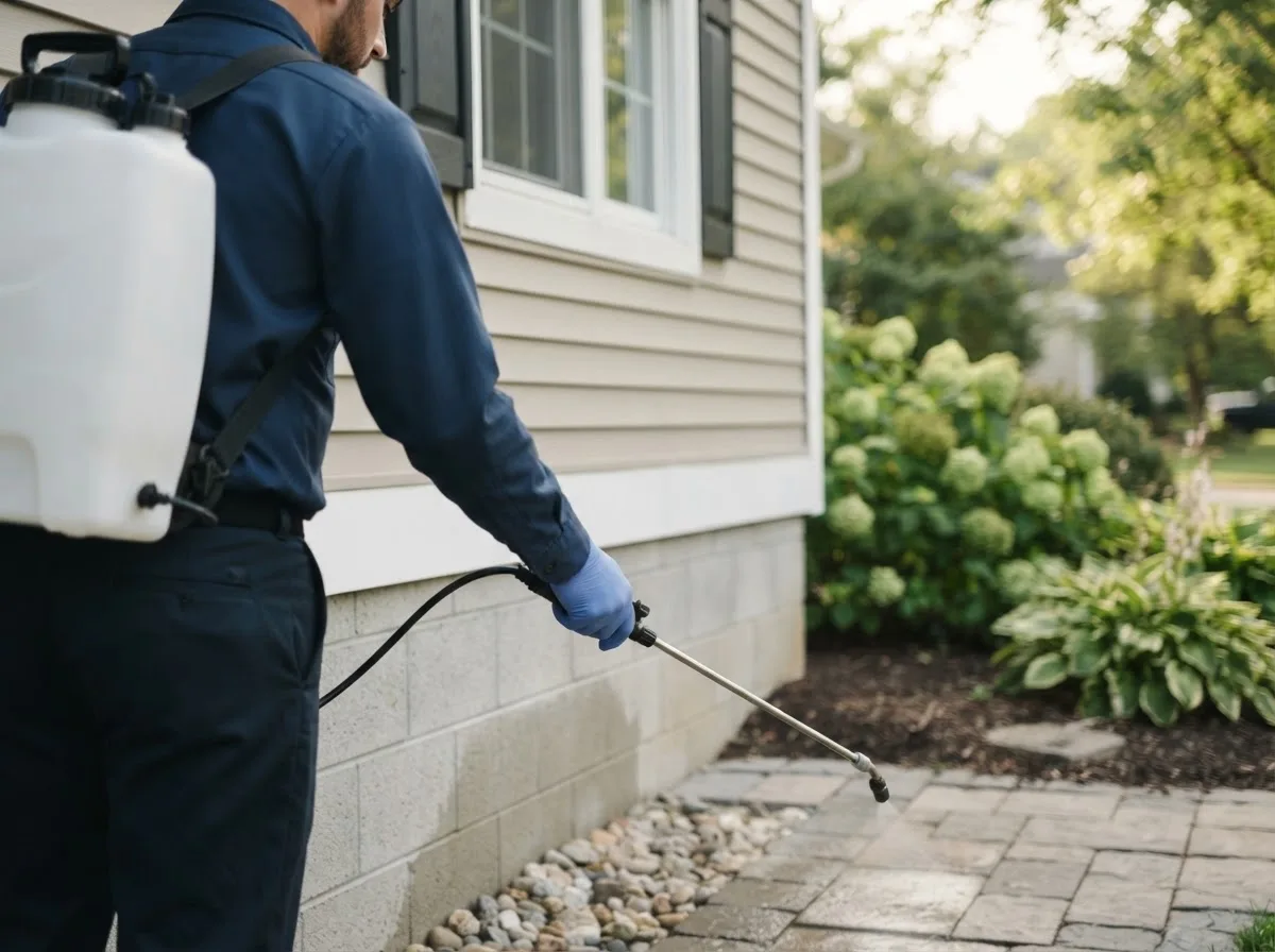 Pest control technician inspecting a home in Clear Creek, WV